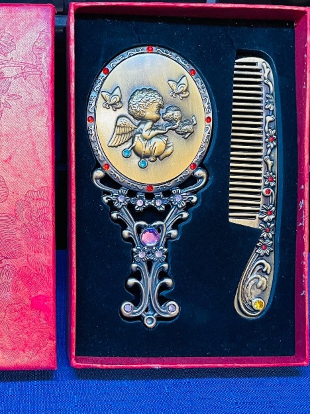 Ornate Angel Hand Mirror and Comb Set - Gold and Black